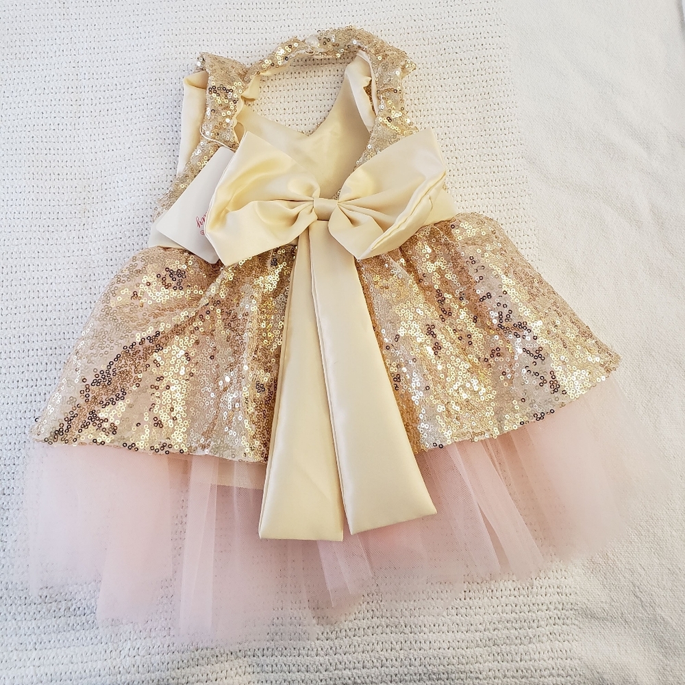 BNWT Baby Girl Dress 12 m 1 T Pink Gold Tulle Bow Formal